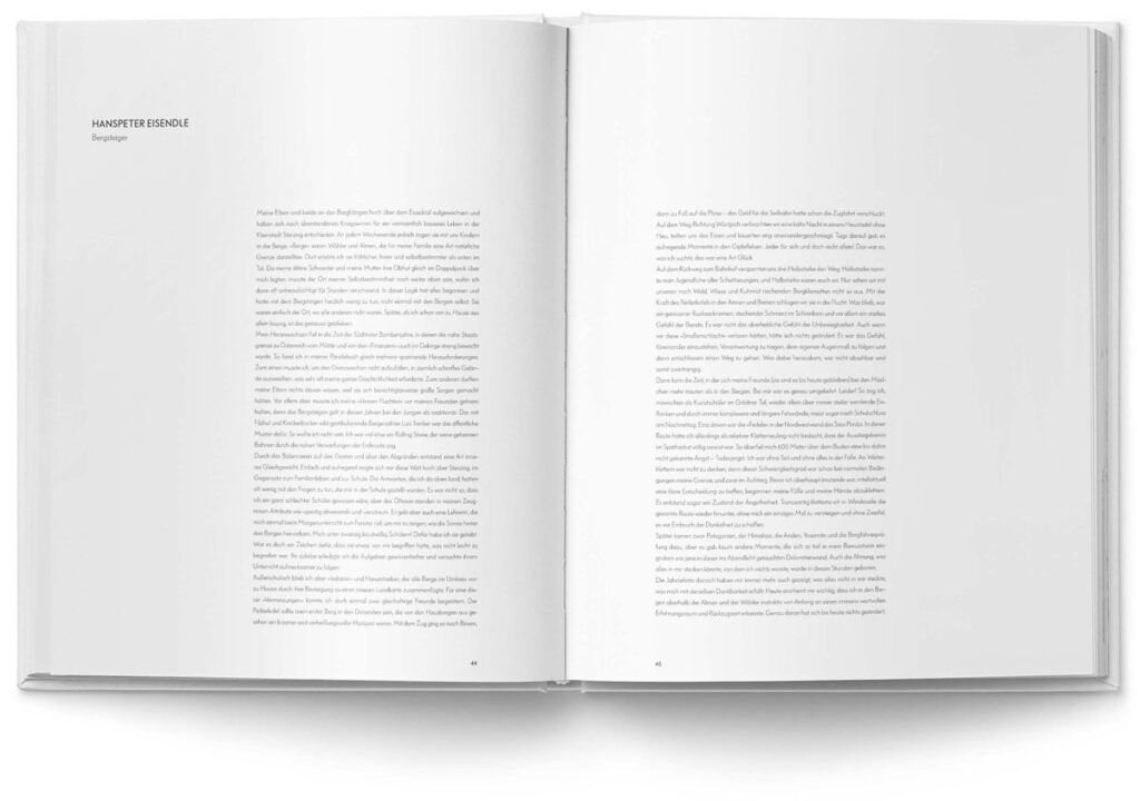 Buchdesign „MOUNTAINS“, National Geographic: Buchseite mit Text von Bergsteiger Hanspeter Eisendle