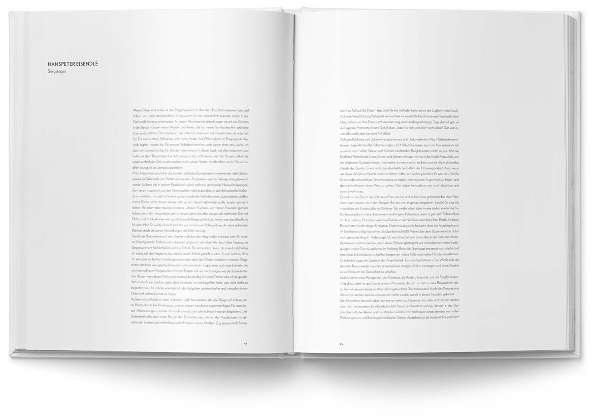 Buchdesign „MOUNTAINS“, National Geographic: Buchseite mit Text von Bergsteiger Hanspeter Eisendle