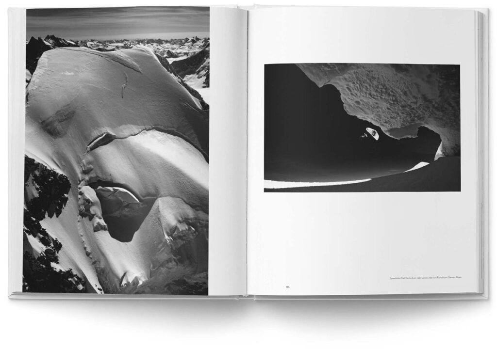 Coffee Table Book von Röbi Bösch für National Geographic: Buchseiten mit ästhetische Schwarz-Weiss-Aufnahmen von Schnee, Bergen, einem Skifahrer und einem Paraglider.