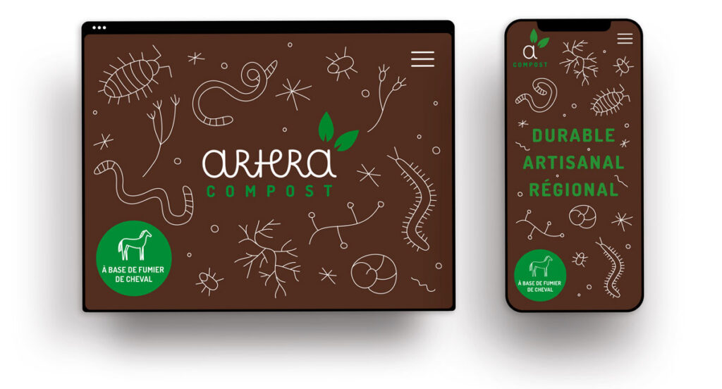 Corporate Design und Infografiken für Artera Compost – nachhaltige Kompostherstellung: Tablet und Handy mit Illustrationen von Regenwürmern und anderen insekten, die in gesunden Böden leben, Claim ›durable, artisanal, régional‹ und Logo