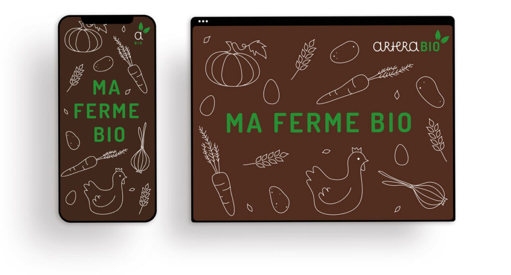 Corporate Design und Infografiken für Artera Bio – nachhaltiger Biobauernhof: Tablet und Handy mit Illustrationen von Naturprodukten (Kürbis, Eier, Getreide, Zwiebeln, Karotten, Kartoffeln), Claim ›ma ferme bio‹ und Logo