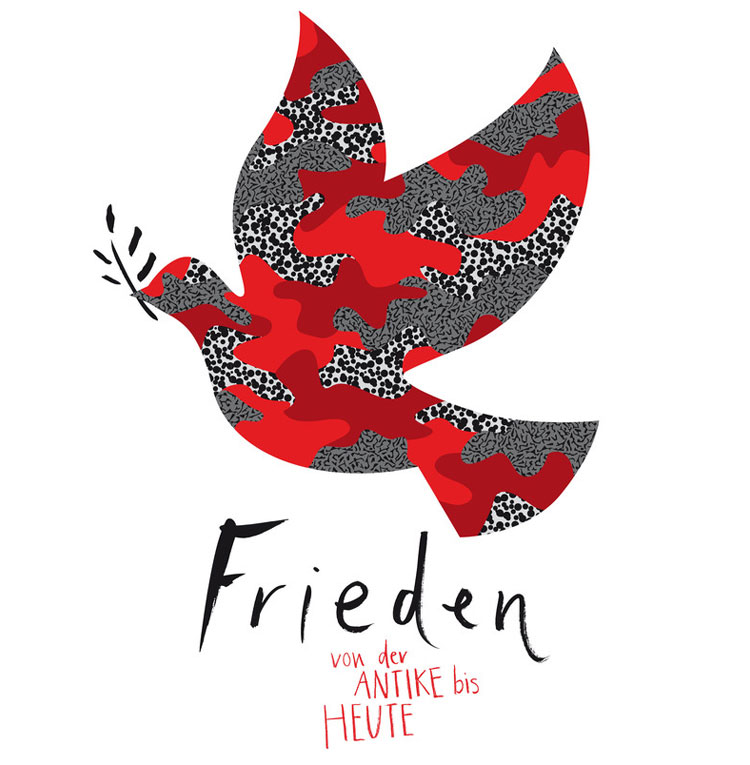 Signet des gemeinsamen Ausstellunugs-Erscheinungsbildes: Eine stilisierte Friedenstaube im roten, schwarzen und grauen Camouflage-Muster. Darunter der Ausstellungstitel in dynamischem Handlettering.