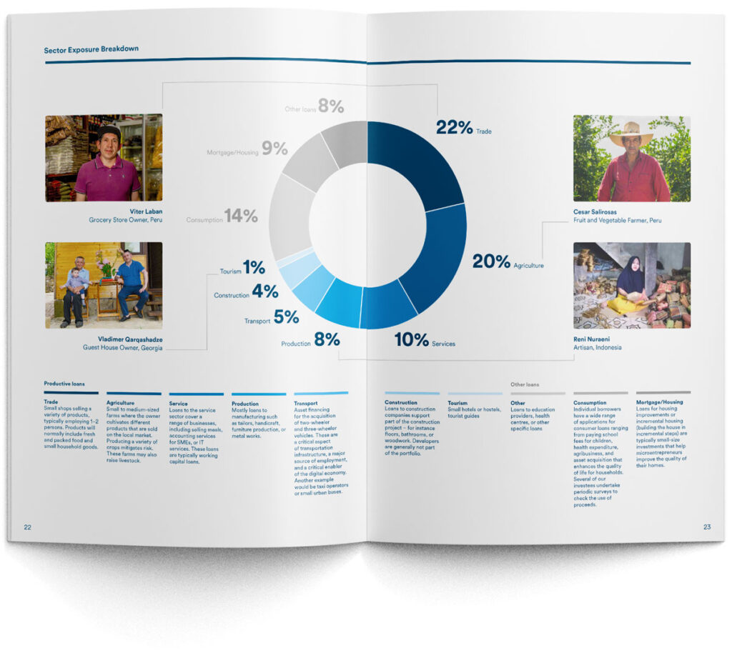 Grafikdesign und Infografik für Jahresbericht – Impact Investment Fund: Sektoraufteilung des Portfolios mit Diagrammen und konkreten Beispielen von Mikrokreditnehmer:innen