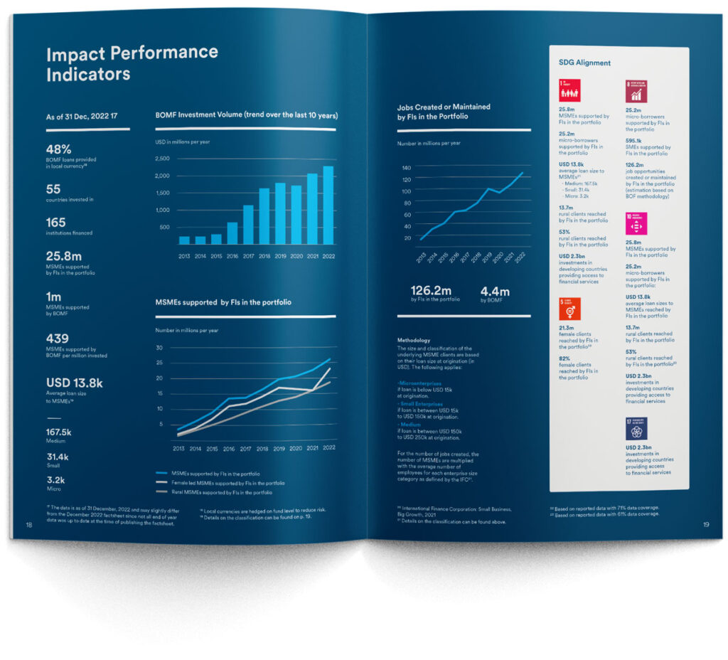 Grafikdesign und Infografik für Jahresbericht – Impact Investment Fund: Mit Piktogrammen, Zahlen, Diagrammen und SDG-Konformität werden die Indikatoren für den Wirkungserfolgdie sichtbar gemacht. 