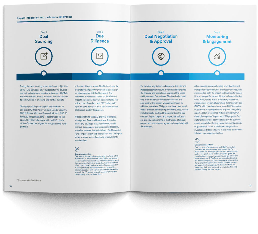 Grafikdesign und Infografik für Jahresbericht – Impact Investment Fund: Übersichtliche Beschreibung der Verankerung von Wirkungszielen im Investitionsprozess