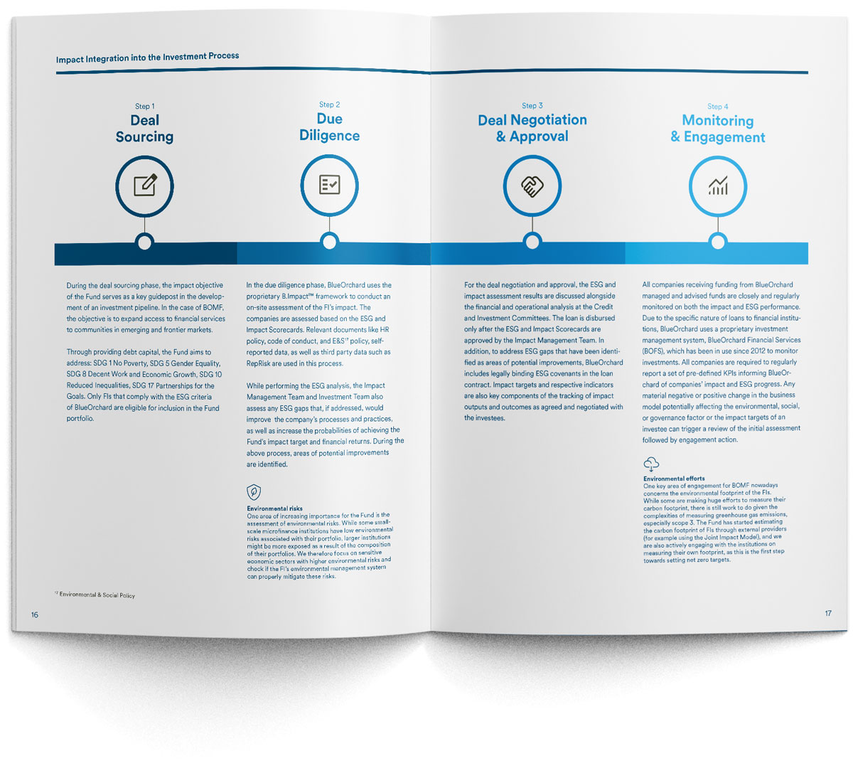 Grafikdesign und Infografik für Jahresbericht – Impact Investment Fund: Übersichtliche Beschreibung der Verankerung von Wirkungszielen im Investitionsprozess
