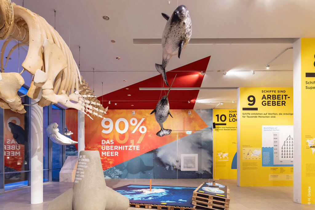 Überblick über einen Ausstellungsbereich mit erklärenden Infografiken an der Wand, sowie von der Decke hängenden Modellen bedrohter Kleinwale (kleinere Zahnwale) – Teil der DSM-Ausstellung „CHANGE NOW“.